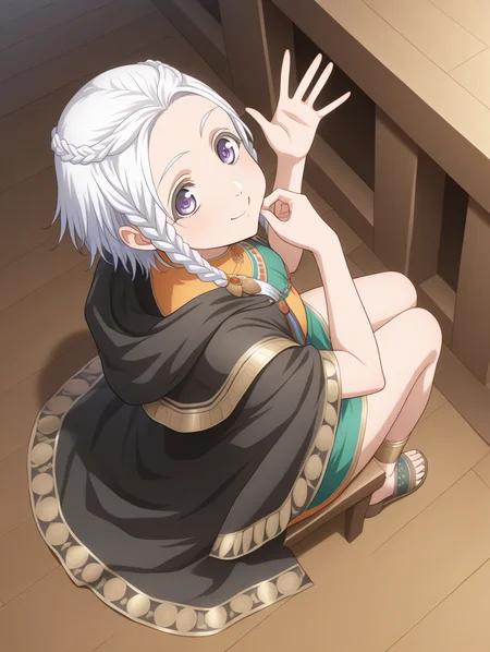 perfect quality,best quality,absolutely eye-catching,ambient occlusion,raytracing BREAK
1girl,<lora:amina IL v1.1:0.8>,amina,braid,white hair,black cloak,dress,sandals,national costume,, from above, looking at viewer,bust,arched_back,cheek_pull,waving_arms,sitting,