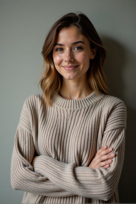 Eye Level Photo of a woman dressed in a sweater standing against a wallâââ