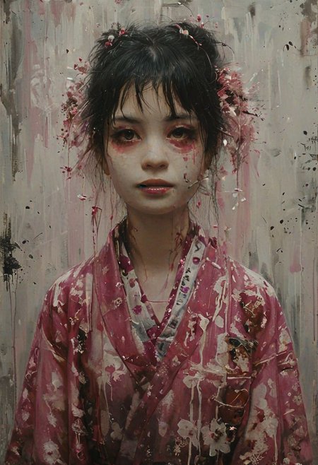 a young woman with a pink and white kimono