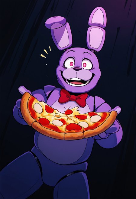 masterpiece, best quality, amazing quality, very aesthetic, absurdres, newest, detailed background,
cartoon, screencap, 
bonnie, rabbit ears, red bowtie,, 1boy, joints, animatronic
smile, teeth, dynamic pose, dynamic angle, dark background, holding pizza, stretchy pizza, open mouth,