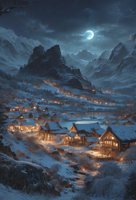A captivating night scene illustration featuring a grand WOODEN viking long house standing tall on a large snowy hill overlooking a lake. The beautiful viking longhouse adorned with some windows, emits a warm glow, highlighting its incredible craftsmanship. The snowy  hill is covered in great pine trees, reflecting on the calm, moonlit snow  that mirrors the silvery moonlight. The full moon graces the sky, casting an ethereal glow on the clouds and mountain, while wispy clouds partially obscure its brilliance, adding to the scene's mystique. Twinkling stars dot the sky, creating a celestial tapestry that harmonizes with the moon's radiance. This enchanting artwork captures a serene and peaceful night, where the illuminated WOODEN viking longhouse stands resolute amidst the celestial beauty, creating a cinematic experience., illustration, cinematic
<lora:DonM3t3rn1tyXL-v1.1:0.7>, DonM3t3rn1tyXL,
OverallDetailXL  <lora:MJ52:0.3>  <lora:SDXLFaeTastic2400:0.4>  <lora:EpicF4nta5yXL:0.7>