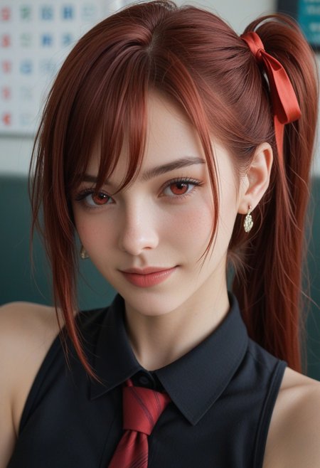 score_9_up, score_8_up, score_7_up, score_6_up, 1girl, 25 years old, perfect face, (adult), sexy, 
detailed face, portrait, face focus, depth of field, looking at viewer, blush, shy smile, close up,
red eyes, 
red hair, very long hair, side ponytail, single sidelock, hair between eyes, hair ribbon, earrings, 
black shirt, sleeveless, necktie, 
office