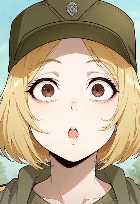 screencap, masterpiece, best quality, (Expressiveh),
1girl, solo female, marichka, blonde hair, short hair, brown eyes, military uniform, military hat, portrait, cute, beautiful, close up up close, close, looking at viewer, raised brows, surprised, wide eyes, :o face