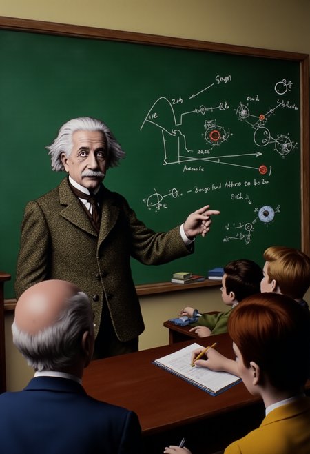 <lora:kft-montys-submarine-style:0.9>
The image is a vibrant, highly detailed kftcc style digital artwork featuring     Albert Einstein teaching in front of a chalkboard in a classroom full of students