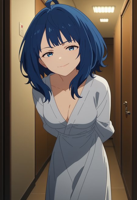 score_9, score_8_up, score_7_up, anime screencap, source_anime, 1girl, solo,
<lora:Anna_Yanami_Makeine_V2:.85>, KJOanna, blue hair, blue eyes, medium hair, ahoge, 
white robe, 
arms behind back, smirk, leaning forward, head tilt, 
school, hallway, night, dark room,
(Beautiful, medium Breasts:1.2),