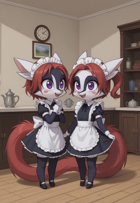 <lora:Indi_and_Digo_Marallang:0.8>, (masterpiece, best quality), score_9, score_8_up, furry, (indi_and_digo), shadow detail, sketch marks, BREAK, ((two tone fur)), red hair, (purple eyes), red tail,
duo, 2girls,
score_9, score_8_up, score_7_up, cinnamoroll, black stockings, maid uniform, maid headdress, chibi, feral,   long ears, white ears, blush stickers, curled tail, full body, smiling, happy, motion lines, detailed background, indoors