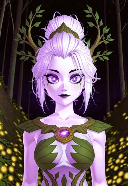 1girl, (light bloom:1.4), 

low poly, 3d, an animated character,

purple eyes, huge pupils, glowing pupils, solid purple sclera, 
messy hair, short hair, 
windswept white hair,  

dryad clothing,

white skin,  


(mascara:1.5),  
 , winged eyeliner, 


masterpiece, best quality, amazing quality, very aesthetic, 8K, 3d rendering,