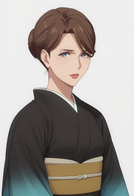 score_9, score_8_up, score_7_up, source_anime, white white background, looking at viewer,   BREAK, 1girl, solo,   <lora:DX888YumikaRaiha:1>,sakuraba yumika, brown hair, blue eyes, mature female, hair bun,  black kimono, lips