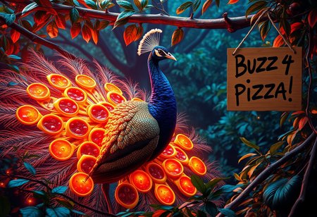 "A hyper-realistic, surreal portrait of a peacock in a vibrant, techno-infused natural setting. The peacock’s tail is a mesmerizing fusion of nature and artificiality, made entirely of pizza slices with glowing, neon edges. The eyespots on the tail feathers are represented by holographic salami slices that pulse with digital light patterns, giving off a futuristic vibe. The peacock’s feathers have metallic sheens and circuitry patterns subtly integrated into the design, blurring the line between organic and synthetic. In the background, a cardboard sign hangs from a nearby branch with the words 'Buzz 4 Pizza!' scrawled in bold, graffiti-style text. The environment is a chaotic mix of lush greenery and digital glitch effects, with pixelated leaves and flickering lights. The image captures a wild, dystopian mockery of nature, with hyper-detailed textures and dramatic lighting that accentuates the bizarre fusion of the natural and technological elements."