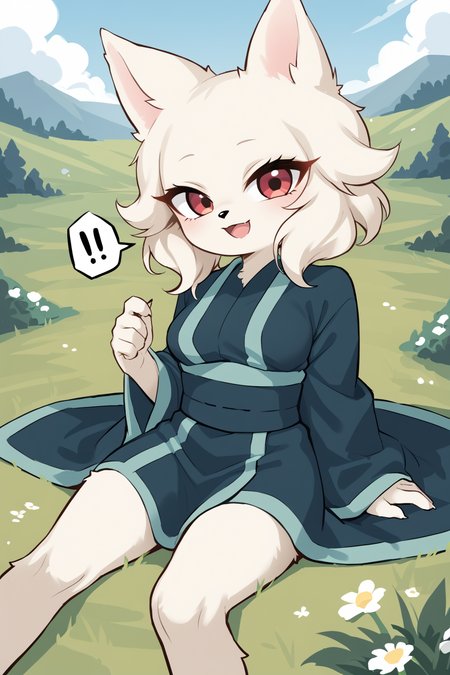 score_9, score_8_up, score_7_up, score_4_up, score_5_up, score_6_up, source_anime, <lora:Heng_Nine_Sols:0.7>, furry, anthro, body fur, white fur, fluffy fur, animal nose, large eyes, narrowed eyes, long eyelashes,  animal ears, medium breasts, grass, looking at viewer
skindentation, kimono, robe, cloak,
(surprise, (laughing giggling chortling:1.1) , open mouth, ),