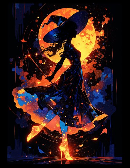 lyh_niji,  vibrant reflective holographic drawing in the style of ckhg, Alphonse Mucha Style, Art Nouveau Poster art  of  silhouette of a witch holds a magic wand and walks on tiptoe like a rhythmic gymnast
cracked light , smokey haze in floating
Illustrations with clear lines in a well-designed posters design, black background
<lora:ck-holographic-glitter-000015:0.3><lora:Alphonse Mucha Style:0.6>