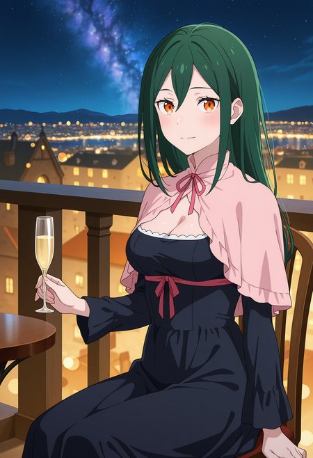 anime screencap, masterpiece, best quality,
<lora:ReZero_CrushKarsten_IlluXL:0.9>,
1girl, solo, closed mouth, light smile, blush,
hair between eyes, long hair, green hair, orange eyes,
pink capelet, neck ribbon, red ribbon, cleavage, medium breasts, long dress, black dress, underbust, pink ribbon,
holding cup, champagne flute,
sitting, table, chair, looking at viewer,
outdoors, night, bokeh, balcony, cityscape, starry sky, night sky, milky way, medieval, photo background, blurry background