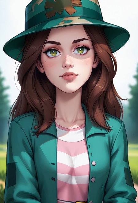 score_9, score_8_up, score_7_up, score_6_up, PRSNL_3_1, uncensored, pupils black dots, lips,
upper body, best quality, masterpiece, 4k, realistic, warm light,
LeafPony, leaf (pokemon), long hair, brown hair, brown eyes,
green headwear, camouflage headwear, long sleeves, jacket, green jacket, open clothes, sleeves past wrists, pink dress, bike shorts, shoes, black footwear,