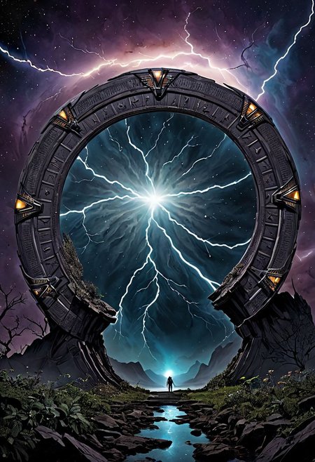 masterpiece, hd, Ultra HD, intricate details,
dark, eerie, beautiful, 
, hunter,  power , lightning, night, nebula, vortex, cosmos, advanced technology,  Stargate style, OverallDetailXL,hyperkraximalism ,Duskfallcrew Art Style