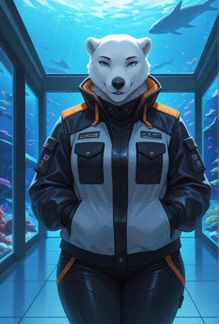 (masterpiece, best quality, very aesthetic, absurdres:1.2), 1girl, furry, science fiction, aquarium, polar bear, straight-on, jacket, looking at viewer, smile, <lora:oouna_style_illustrious_v1.2:1> oounastyle