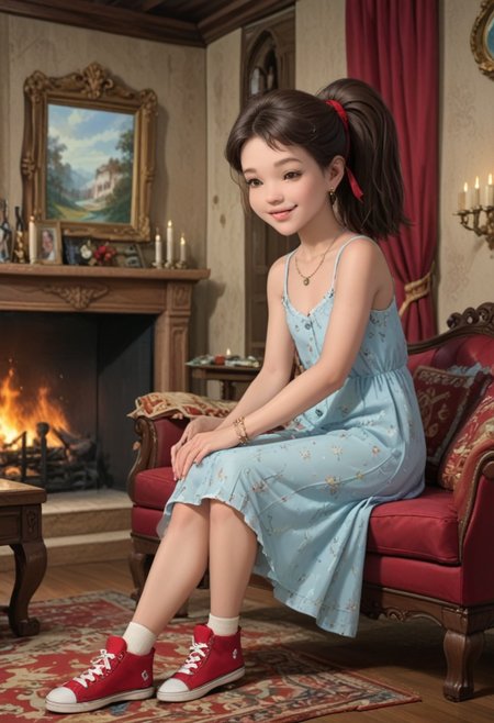 score_9, score_8_up, score_7_up, masterpiece, best quality, highly detailed, (masterpiece, best quality, highly detailed), very detailed face, hyperrealistic, (UHD quality details), beautiful face,
Sitting on luxurious sofa,
1 girl, legal age, young, petite, flat chest, small breast,
Luxurious earings, necklace, Bracelet,
Smile, happy,
Emmypony
 overall skirt, ponytail, red hair ribbon, brown hair, brown eyes, red converse, red footwear
Sitting on luxurious sofa,
Luxurious dining room, chateau, fireplace, fire in the fireplace, chandeliers, candles, window, carpet, curtains, paintings on the walls, table, sofa, 
Cowboy shot,  Dynamic move, Moving,
Working, 
Side view