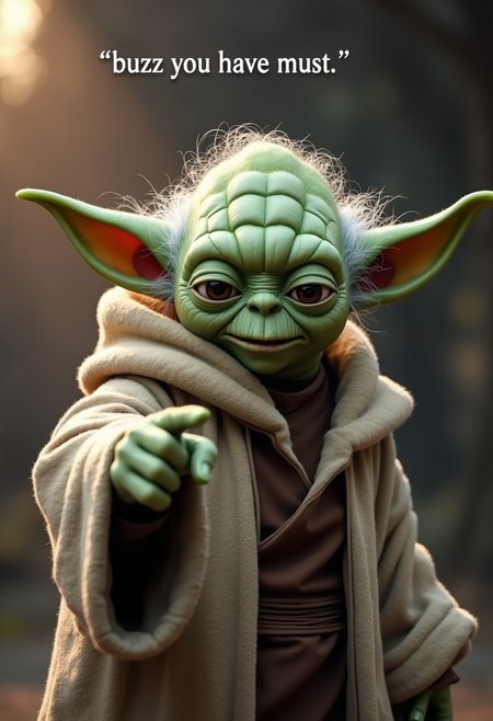 Yoda pointing at viewer on the top of the image there is a text with the words " buzz you have must "