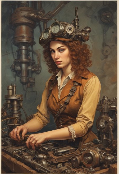 soviet poster,
steampunk, sexy pinup woman, repairing machinery,hat,goggles,leather clothes,curly hair,holding tools, gears,cogs,concentrate,
 interior,machinery,pipes,valves,rust,stains,oil