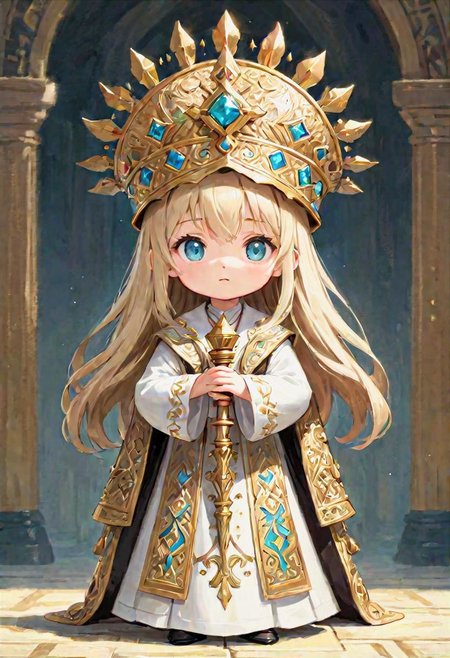 ({happy chibi priest {priest attire and priest hat with intricate holy details}, very long hair, light colored eyes, {(carrying {holy mace} with intricate details:1.5)}, (impressionist masterpiece:1.5), (best quality:1.5), (beautiful + aesthetic + harmonic), (detailed face, detailed eyes, detailed mouth, detailed body, detailed hands, detailed clothes, detailed background:1.5), ({symmetrical intricate fantasy details + sharpen symmetrical fantasy details}:1.5)
