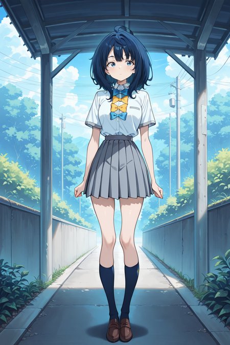 1girl,(solo),anime,masterpiece, best quality, amazing quality, very aesthetic, absurdres, newest, scenery, <lora:Diana_epoch_2:1>, blue hair, medium hair, ahoge, blue eyes, skinny,school uniform, white collared shirt, short sleeves, blue bowtie, yellow bowtie, grey pleated skirt, blue kneehighs, brown footwear,