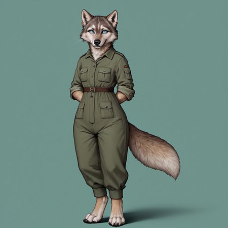 score_9, score_8_up, score_7_up, source_furry, detailed face, detailed eyes, incredible detail BREAK 1girl, solo, anthro, wide shot (furry female, wolf, light brown fur, monotone fur, light blue eyes,slightly wide hips, small breasts), black nose, whiskers, ear flop, solo, looking at viewer, simple background, green background, full body, hunter outfit, archer outfit, shy pose