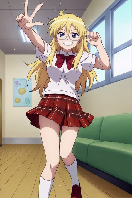 score_9, score_8_up, score_7_up,anime_source, source_anime, best background, detailed background, anime screencap,  Ayame, 1girl, victory pose, victory fingers, grin, glasses, plaid skirt, red footwear, rice, school uniform, shoes, skirt, socks, solo, white socks, dynamic camera, dynamic angle,  indoors,  <lora:JN_Ayame_Shaga:0.8>