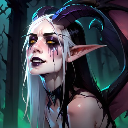 masterpiece, best quality, newest, absurdres, highres, Warbringersstyle-V1.0, 1girl, white skin, white colored skin, pale skin, albino, albino skin, horns, demon horns, demon girl, succubus, wings, bat wings, demon wings, goth, goth girl, goth makeup, runny makeup, smile, grin, closed mouth,