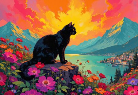 Vector art, <lora:Hyper-FLUX.1-dev-8steps-lora:0.125>, <lora:detailed city by Kanto:0.5>, detailed mountain, <lora:NeoPigma:0.35>, NeoPigma,<lora:ck-shadow-circuit:0.35>,in the style of cksc, <lora:FLUX-daubrez-DB4RZ-v2:0.3>,DB4RZ, <lora:Luminous_Shadowscape:0.3>,<lora:CPA:0.5>,A black cat with an air of melancholic reverie, ensconced amidst a phantasmagoric bloom of chromatic hues. Rendered in a style redolent of Impressionism, the painting utilizes a vibrant, high-key palette dominated by ethereal magentas and punctuated by strokes of teal and crimson reds. Position the subject on a rock, suspended amidst a riotous profusion of flora,  The camera angle should be slightly low, lending an air of gentle ascension to the composition.  The background should dissolve into an abstract symphony of warm oranges, suggestive of a radiant, sun-drenched afternoon. The overall ambiance should evoke a sense of ephemeral beauty, tinged with a whisper of wistfulness.  Symbolist chiaroscuro, tenebrist, volumetric lighting, subtle halation, high-contrast, film grain, teal and orange color grading, high dynamic range, S-curve gamma