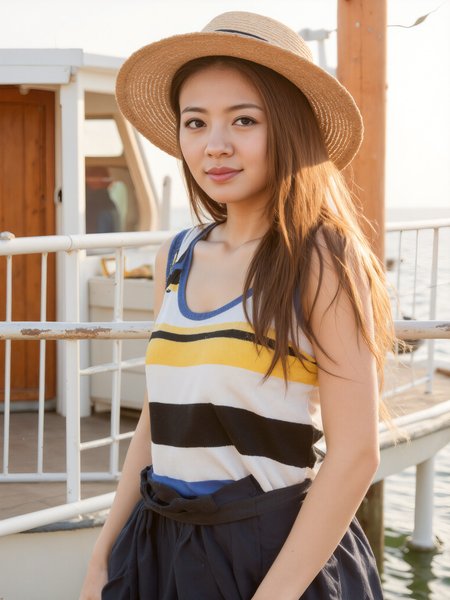This photograph captures a young woman standing by a docked boat, bathed in the warm, golden light of either sunrise or sunset. She is positioned slightly off-center, adhering to the rule of thirds, which draws the viewer's eye naturally across the image. The woman has long, straight, brown hair cascading down her shoulders, and she wears a large, floppy straw hat that casts soft shadows on her face, adding a relaxed, summery vibe to the scene. Her outfit consists of a sleeveless, striped tank top with horizontal bands in shades of white, black, yellow, and blue, paired with a flowing, dark skirt. The tank top's fabric appears lightweight and slightly textured, suitable for warm weather. 

Her expression is serene and slightly contemplative, with her gaze directed towards the camera. The background features a boat with a wooden deck and white railings, slightly blurred to emphasize the subject. The water in the foreground reflects the soft light, creating a tranquil atmosphere. The overall composition uses a shallow depth of field, keeping the woman in sharp focus while the background remains slightly blurred. The photograph has a warm, inviting color palette dominated by golden hues and soft shadows, enhancing the serene and relaxed mood of the scene.