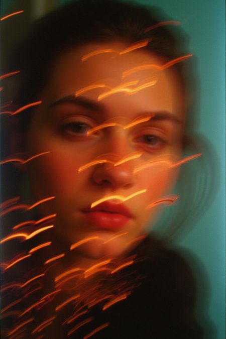 An abstract pattern of film burns and dynamic light streaks creates a vivid backdrop, shrouding a vaguely distinguishable, blurry photo of a face. The face is partially obscured by the chaotic interplay of intense film burns and radiant light patterns, which merge and swirl in an intricate, ethereal composition. The image features a high level of abstraction with distorted light and shadow, giving only the faintest hints of facial features through the heavy blur. Grainy, grain, film grain, candid, high contrast, film burn, analog texture, partial silhouette, Chiaroscuro, off-centered, asymmetrical, highlight bloom, filmic glow, blown-out highlights, moody, herbstphoto, herbst photo.   <lora:Herbst_Photo_35mm v2:1.0> <lora:flux_realism_lora:1.0><lora:785055417093884741:0>