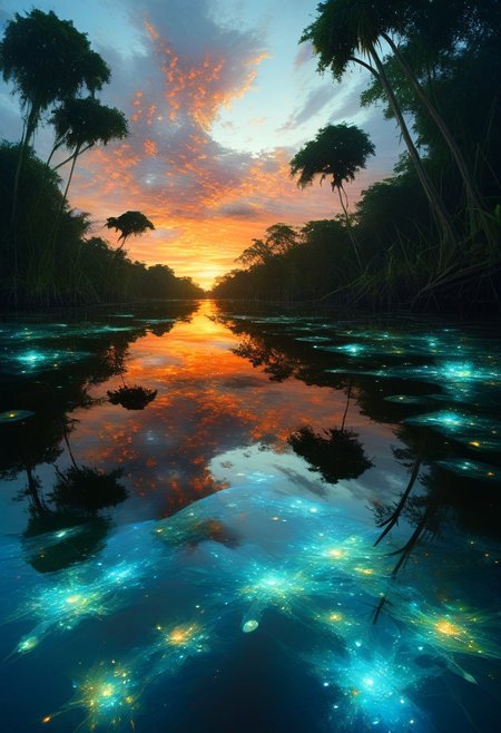 (by Ellen Jewett:1.5), (Bioluminescent Impressionism,  amazon river surface mirroring a blazing sunrise, ethereal landscapes, dynamic light, depth of field, biotech emotion:1.3) people partying.
<lora:xl_more_art-full_v1:0.5> <lora:add-detail-xl:1> <lora:RMSDXL_Creative:2>