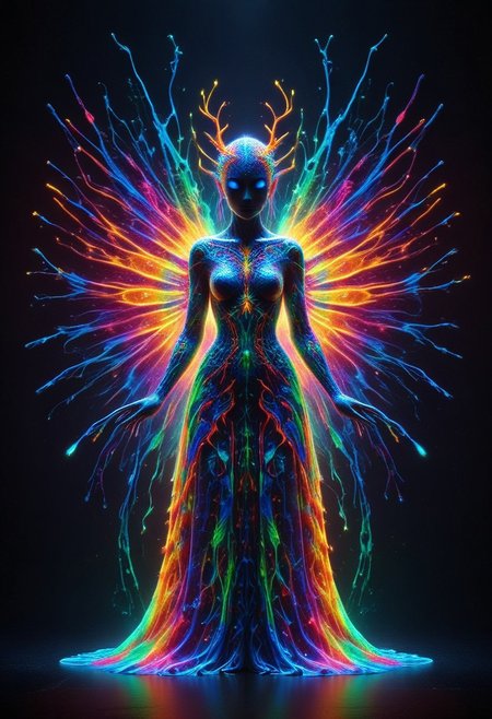 a full body fire entity with multicolored flames, professional photography of an fantastical warrior princess entirely made of cyberflies with whimsical elements, swirling magic, eerie fairytale landscape, elaborate fantasy style art, very colorful, intricate details, ultra sharp, exquisite detail, flawless composition, vivid colors, masterpiece, exciting background, TAS, TASvisuals, Psychedelic , Rave, Elaborate , Blacklight , Vibrant , cyberflies, black light paint, blp, Colorful Chaos Cracks and Drops, mad-glowtiedye, made out of,colorful,liquid,Murano Art Glass