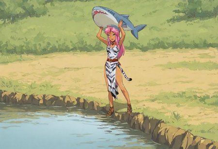 Pink_DragonPink, 1girl, sleeveless dress, white tiger print dress, pelvic curtain, cleavage, white tiger tail, red sash, small breasts, leather shoes, masterpiece, very aesthetic, smiling wide, <lora:pink-illustrious:1>, super_strength, holding a shark, over head, hands up,
Break
Hyrule field, sunny day, in a lake, link looking at pink in amazement