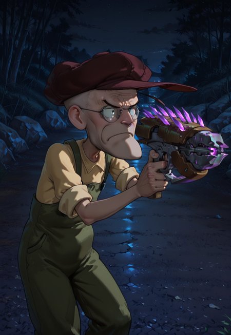 masterpiece, best quality, amazing quality, very aesthetic, absurdres, newest,( Eustace,Bagge,Green overalls, yellow shirt, hat, glasses, grumpy expression),  outdoors, night, needler_\(weapon\), crystals,aiming, solo, closed mouth