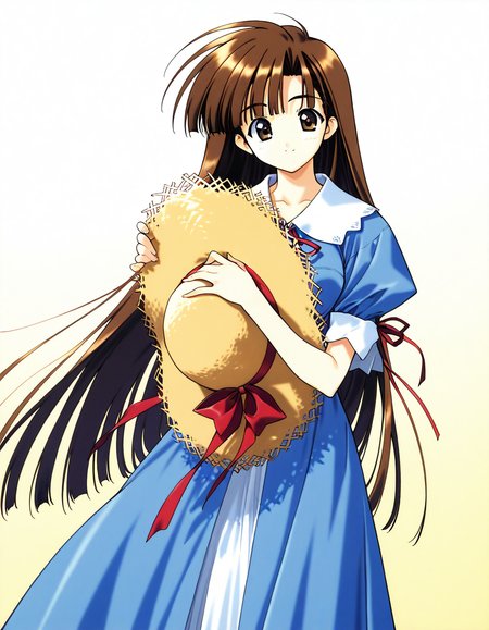 general,highres, ultra-detailed,very aesthetic,best quality ,best hands,  BREAK <lora:Mikage_Subaru_IS:1> Mikage_Subaru, 1girl,solo, brown hair, brown eyes, very long hair, bangs, medium breasts,
dress, hat removed, headwear removed, smile, holding hat, holding,  straw hat, holding clothes, short sleeves, puffy sleeves, looking at viewer, bow, blue dress, sun hat, standing, 1990s (style), ribbon,
cowboy_Shot,
