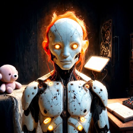 This artwork draws from the Dutch Golden Age's rich palette and dark, grungy backgrounds to evoke nostalgia and decay, while its bright tea and strong shadows add depth. Influenced by Roy Lichtenstein's bold colors and distorted imagery, it features a center-stage, oversized vintage plush toy with glossy eyes and metallic arms, exuding an eerie aura from its weathered appearance. Beneath it lies a Scottish rug with deep crimson hues, merging Scottish and Indian artistry. The room, a cozy bedroom, reflects an artist and gamer's world with an illustrator’s desk, graphic novels, video games like The Legend of Zelda and Cyberpunk 2077, sci-fi plushies, and gaming memorabilia. A bed with soft blankets, a dresser, mood lighting, a 65-inch TV, and a leather recliner complete the intimate, balanced space.
easynegative, FastNegativeV2, CyberRealistic_Negative, reelmech, mechanical parts, cable, wires, machinery, joints, body suit, toy_face