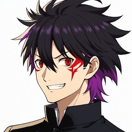 Score_9, score_8_up, score_7_up, source_anime, cowboy shot, masterpiece, best quality, upper body, portrait, (white background), solo, solo focus, 1boy, ((black hair)), short hair, spiky hair, ((hair straight up)), (hair between eyes), sharp top hair, ((slicked hair)), (((red eyes))), demonic eyes, ((purple string on bangs:1.3)), (colored bangs), (purple bangs), sharp teeths, smile grin, two colored hair, ((two-tone hair)), ((streaked hair:1.3)), (multicolored hair), purple hair, ((red eye tattoos)), (purple colored inner hair), <lora:colored inner hair:1>, ((purple hair tips)), <lora:_sdxl-gakuran-pony:0.8> (((black gakuran)))