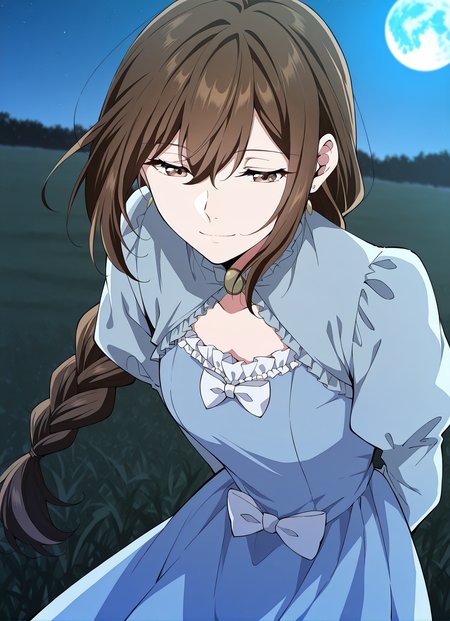 <lora:Lilia_Helstea__The_Beginning_After_the_End__Illustrious:1>
1 girl, solo, brown hair, brown eyes, long hair, hair between eyes, single braid
blue dress, long sleeves, puffy sleeves, bow, earrings
score_9, score_8_up, score_7_up, very aesthetic, source_anime, detailed, high quality, beautiful, masterpiece, detailed eyes, field, blurry background, pose dynamic angle, upper body, cowboy shot, light smile, floating hair, half-closed eyes, hands behind back, leaning forward, looking forward, looking at viewer, night, blue moon,