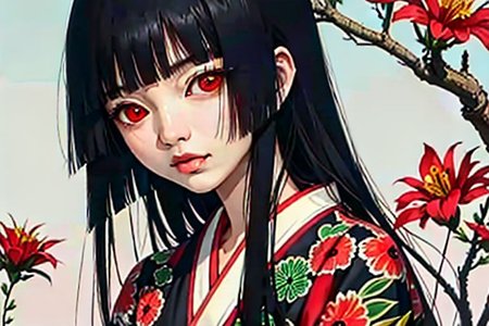enma ai, hair down, hair black, bangs, eyes red, masterpiece, best quality, ultra-detailed, illustration, 1girl, solo, highres, photorealistic, ultra high res, (Original illustration composition), (fusion of limited color,Maximalism artstyle, kimono fashion, double exposure, background, illustration, Amazing, lily spider