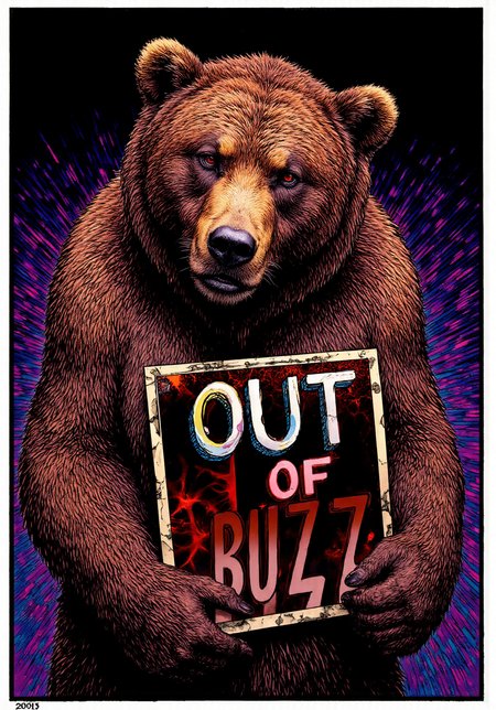A haggard unkempt anthro grizzly bear is holding a sign saying "OUT OF BUZZ". Dramatic but simple composition, exaggerated shocked expression, stylized neon splash graphic novel look, low frequency patterned background, end of the world!
