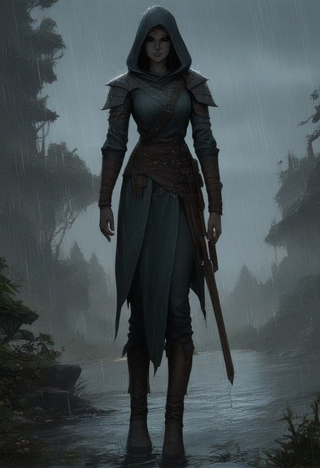 score_9, score_8_up, score_7_up, 
1 girl, ((dunmer)), skyrim dark elf, elder scrolls, dunmer wizard wearing robes standing outside in rain in fantasy landscape. 
Full body view. ((dark grey ashen skin)), drow with dark grey skin, dark grey small lips, small nose, (((large dark red eyes, no sclera))), narrow slender face, pronounced cheekbones, feminine, pretty, subtle seductive smile, facial tattoos, (wearing black sorceress robes, wearing wizard robes, battlemage outfit)), 
((outside in rain, raining)), wet, alien plants in background, cliffs in background. 
photo, raw, fantasy, concept art, realistic