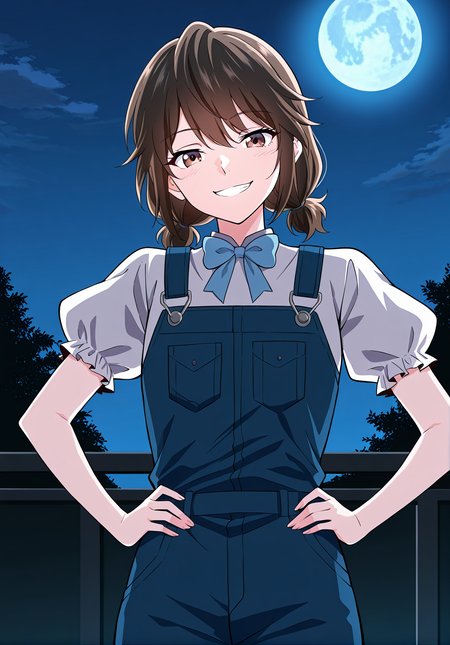 <lora:Eleanor_Leywin__The_Beginning_After_the_End__Illustrious:1>
1 girl, solo, brown hair, brown eyes, bangs
blue bowtie, white shirt, puffy sleeves, short sleeves, low ponytail, short twintails, short hair, blue overalls
score_9, score_8_up, score_7_up, very aesthetic, source_anime, detailed, high quality, beautiful, masterpiece, very aesthetic, high definition, amazing quality, highres, absurdres, outdoors, looking at viewer, smile, grin, hands on hips, night, blue moon