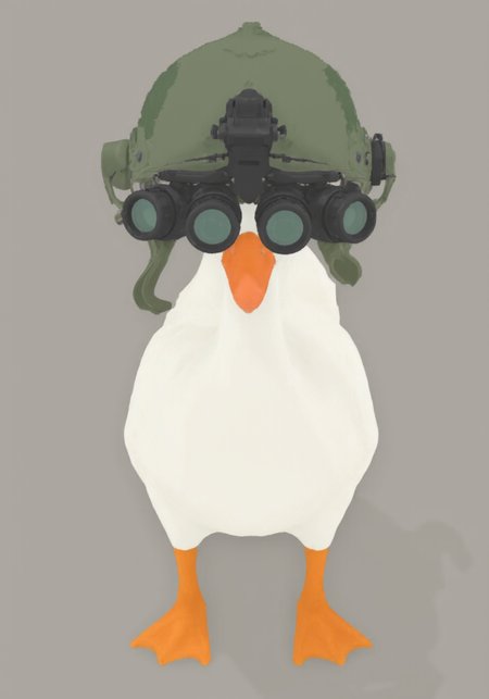 overhead perspective g00se art with smooth textureless style with muted pastel palette of, a goose wearing a modern military helmet on head n0ds four horizontally aligned cylindrical green lenses quad-tube panoramic optical device attached to the front of the protective headpiece with integrated hearing protection<lora:g00se.safetensors:1.0:1.0> <lora:n0ds_epoch_23.safetensors:1:1>