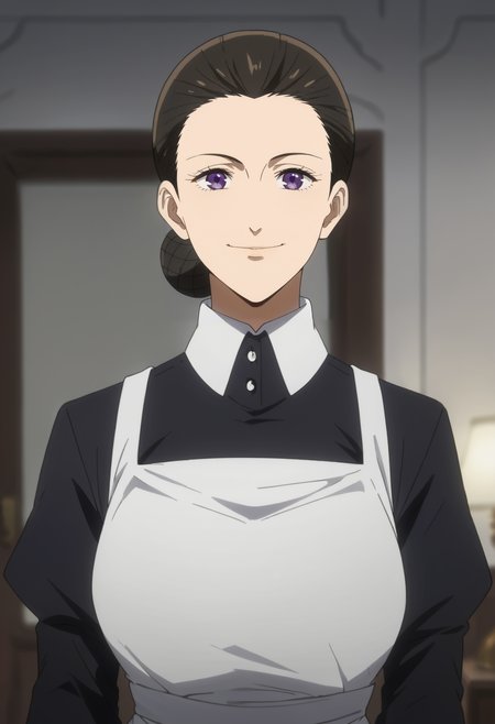 <lora:Isabella-The_Promised_Neverland:0.85>,isabella,mature female,1girl,solo,black hair,purple eyes,hair bun,
maid,upper body, looking at viewer, indoors,smile