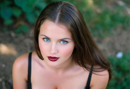 (((analog photo))) brunette (((slavic cleavage))) woman outdoors, blue eyes, glossy  dark lipstick, (((soft focus, depth of field, film grain, masterpiece, looking at viewer))) <lora:EuroBabe-v4-XL:0.66>