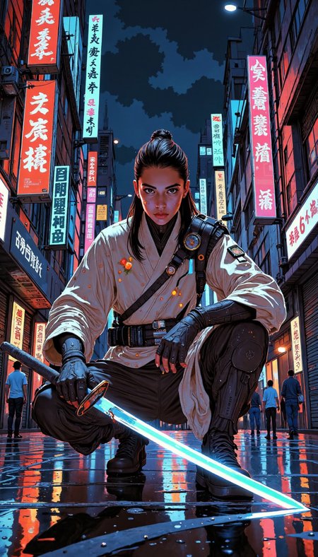 Comic book style, A lone female warrior, with an air of stoic formidability, crouches amidst the vibrant chaos of a cyberpunk cityscape. The effulgent glow of neon signs bathes her in an ethereal luminescence, casting long, dancing shadows that stretch into the inky depths of the urban labyrinth. Her attire, a striking fusion of traditional silk robes adorned with efflorescent blossoms and sleek, form-fitting tactical gear, speaks of a world caught between ancient customs and breakneck technological advancement. A katana, its blade ignited with a pulsating, otherworldly energy, rests firmly in her grasp, the tip casting a pool of shimmering light upon the rain-slicked pavement. Capture the scene with a dynamic three-quarter shot, emphasizing the contrast between the warrior's serene countenance and the kinetic energy of her surroundings. The background should be a bustling cyberpunk cityscape, replete with towering skyscrapers, pulsating neon signs in kanji, and a palpable sense of both exhilarating possibility and lurking danger. The rain-soaked streets should reflect the vibrant cityscape above, creating a mesmerizing interplay of light and shadow.