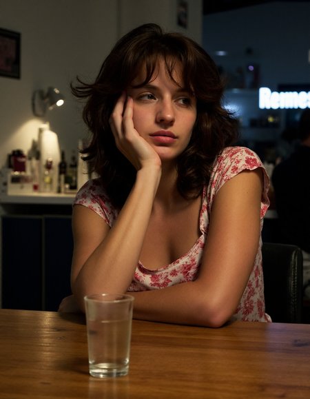 Amateur photo of  a 25-year-old French woman in her pajamas sitting at a bar looking depressed with an empty shot glass in front of her., <lora:amateurphoto-6version:0.8> <lora:Another_Amateur_Lora:0.4> <lora:Phlux:0.4> <lora:UltraRealistic_Lora_Project:0.4>