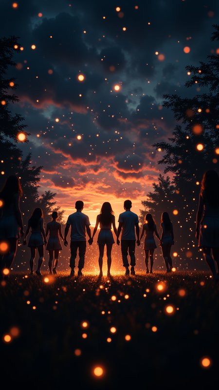Celebration, In the midst of a dark, empty night, a dance of fiery fireflies takes place. The sky is painted in hues of orange and pink, as the sun begins to set. aidmaMJ6.1, aidmaimageupgrader
