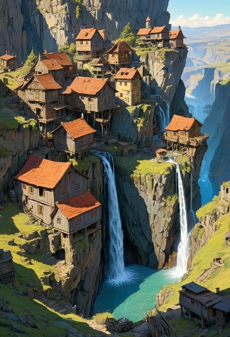 masterpiece, landscape, intricate city built into a rocky cliffside, dilapidated buildings, shacks, witch houses, buildings, sun, epiCPhoto, long shadows, waterfall cascades, Moebius art style,