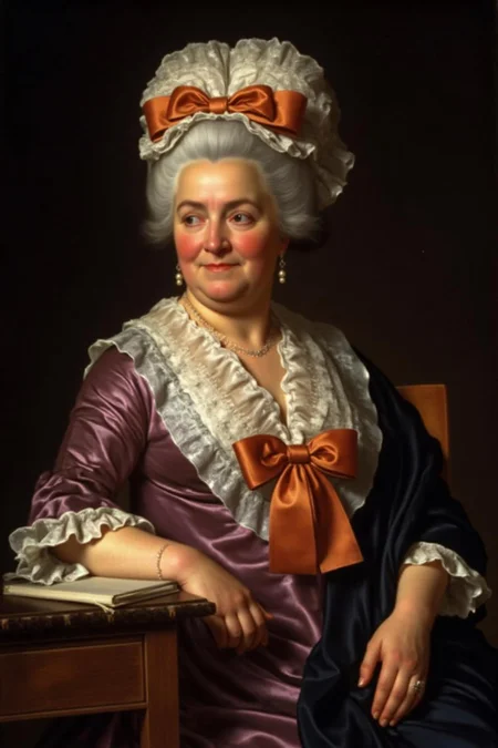 jldavid1 painting.
An elderly woman in a formal, elaborate 18th-century dress. The woman has white hair styled in an elaborate, powdered wig, adorned with a large, intricately tied bow made of orange and white fabric. She wears a dress with a deep purple hue, adorned with intricate lace and ruffles, including a large, ornate bow at the neckline. The dress has a high, puffed sleeve with lace trim and a ruffled, frilled collar. She is accessorized with a delicate, beaded necklace and earrings. <lora:jldavid1_cap_d6a3:1.0><lora:815787020493300005:0>